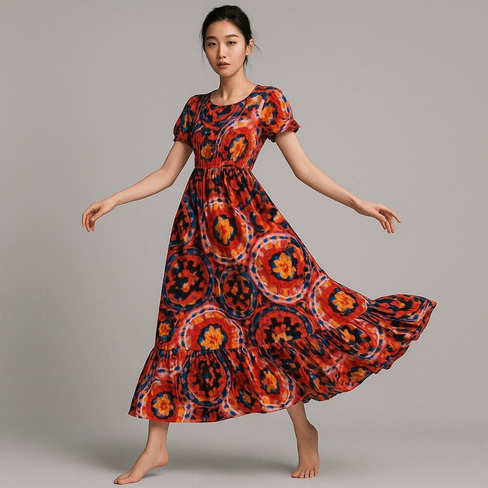 Love Large Vibrant Red Kaleidoscope Maxi Tiered Dress Festival Vacation Y2K